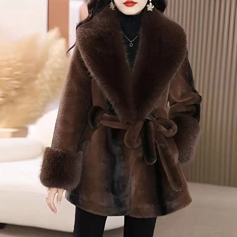 Fashion Style for Women Fur Jacket Lace-up Oversized Faux Fur Coat Lapel Fluffy Hairy Soft Jackets for Women Thick Outerwear New