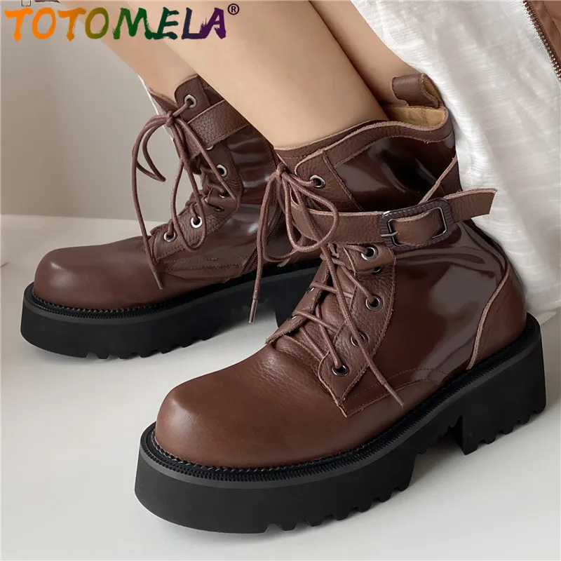 

TOTOMELA 2024 New Genuine Leather Zipper Martin Boots Square Med Heels Ankle Boots Retro Narrow Band Female Spring Autumn Boots