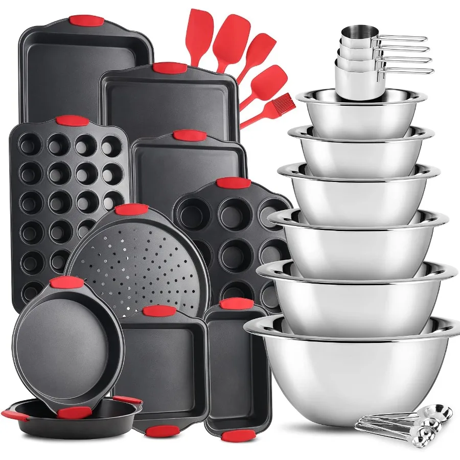 Bakeware Sets and Mixing Bowl Set, Non-Stick Baking Sheet Set with Utensils, Carbon Steel Cookie Sheets for Baking with Silicon