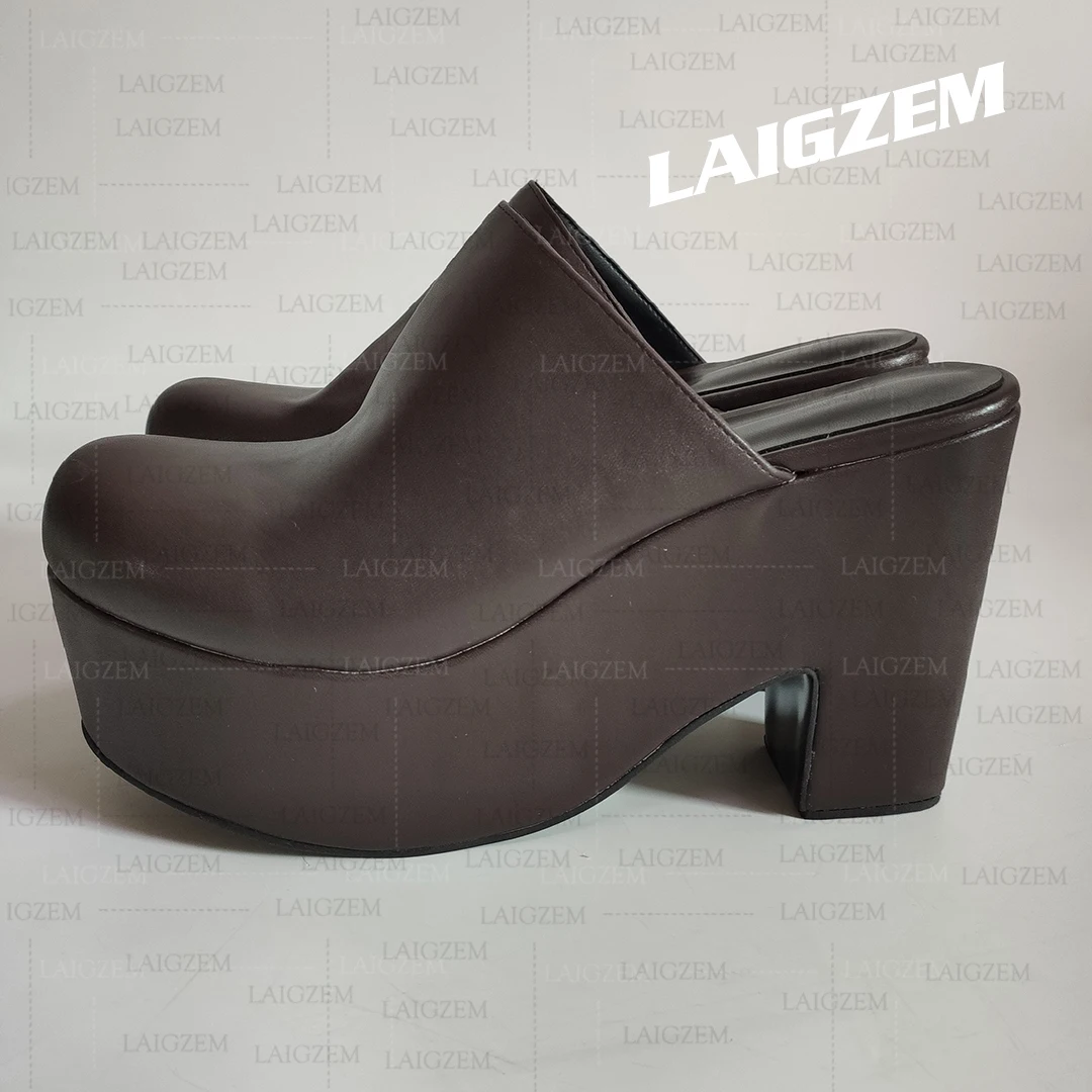LAIGZEM Women Pumps Platform Faux Leather Round Toe High Heels Slip On Ladies Handmade Shoes Woman Large Size 39 41 42 45 48