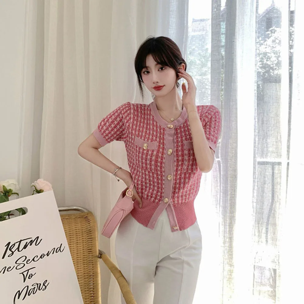 2023 Korean Chic Sweet Sweater Tops Women Pink Plaid Summer Short Sleeve Knitted T-shirts Women New Fashion Ladies Knitwear Tees