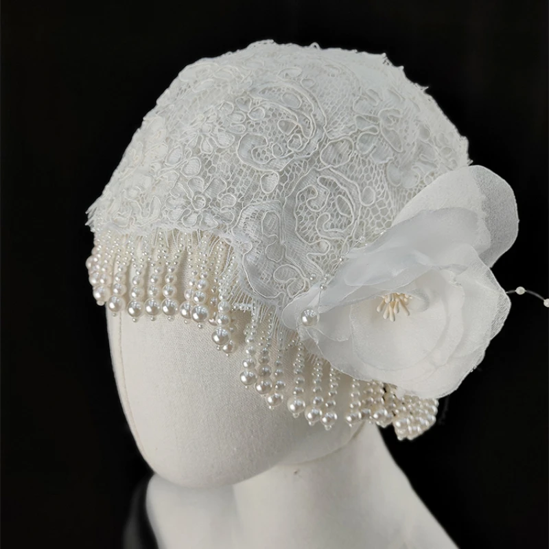 Pérola vintage Lace Headdress, Headwear nupcial, Chapéu Acessórios