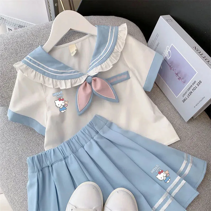 

Kawaii Hellokitty Girl College Style Skirt Jk Suit Anime Kuromi Melody Children Princess Summer 2Pcs Short Sleeves Pleated Dress