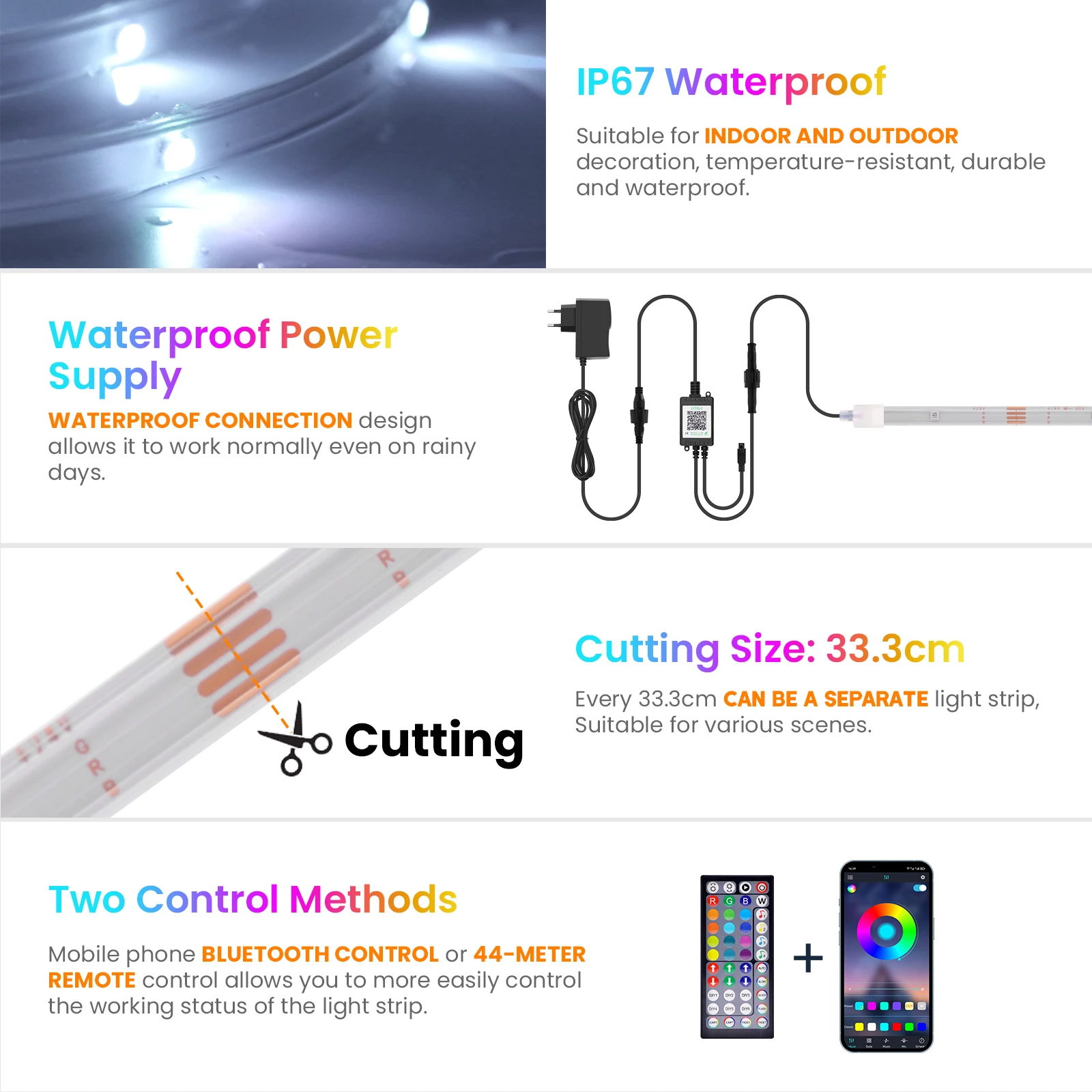 24V Smart Bluetooth Outdoor RGB LED Strip SMD3535 With 44Keys Remote EU/US/UK/AU Plug 15M 30M 60M RGB LED String Christmas Decor