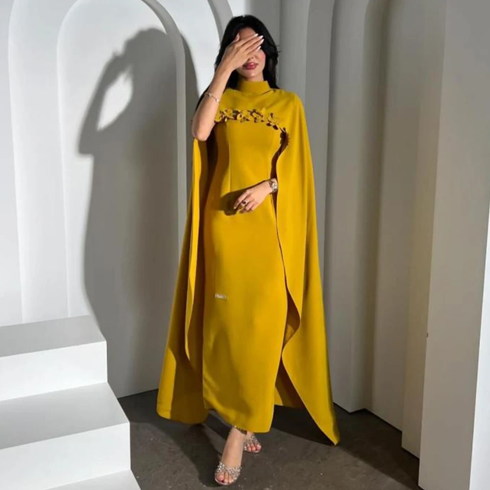 

Flechazo Ankle Length Evening Dress Cloak Long Sleeves and High Neck Women Straight Jersey with Flowers Banquet Gowns Custom