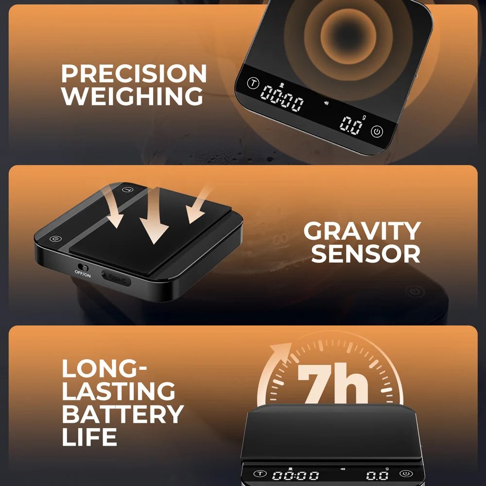 Portable Smart Coffee Scale 0.1g Precision 0.3g-2000g, Auto-Start Timer, Flow Rate & Ratio Modes, 7H Battery Type-C image 3