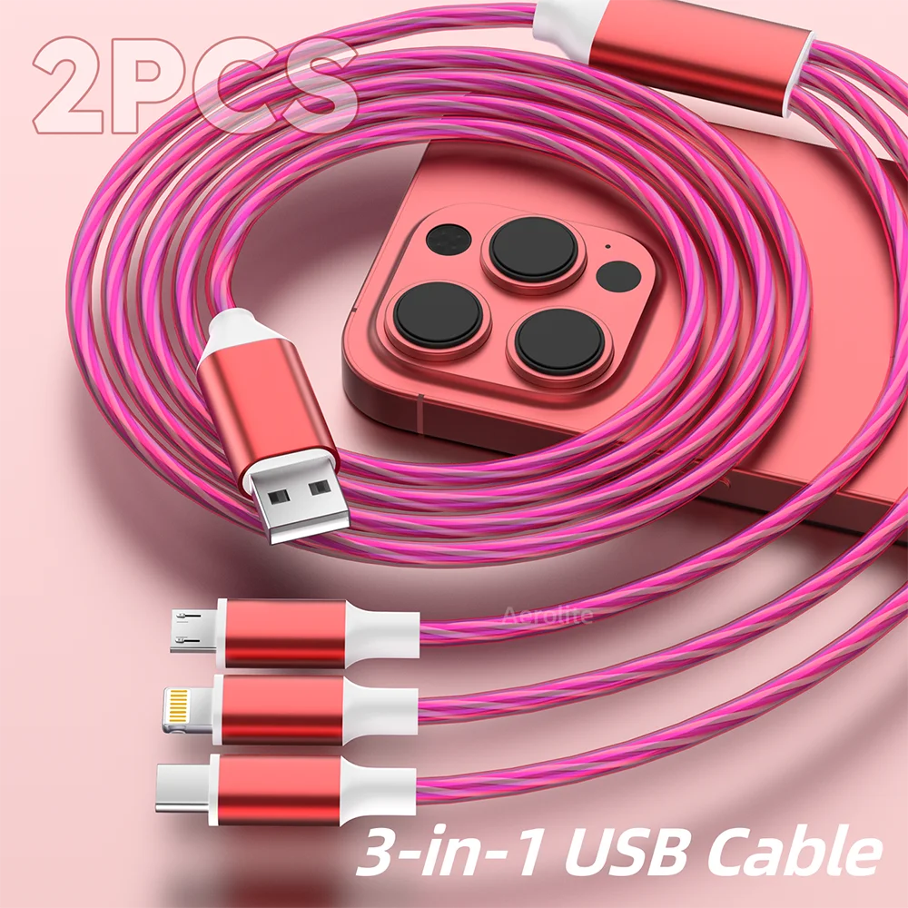 Cable de carga de teléfono con luz LED de flujo Universal multi USB 3 en 1, con interfaz para conector de cargador Micro USB Apple + tipo C +