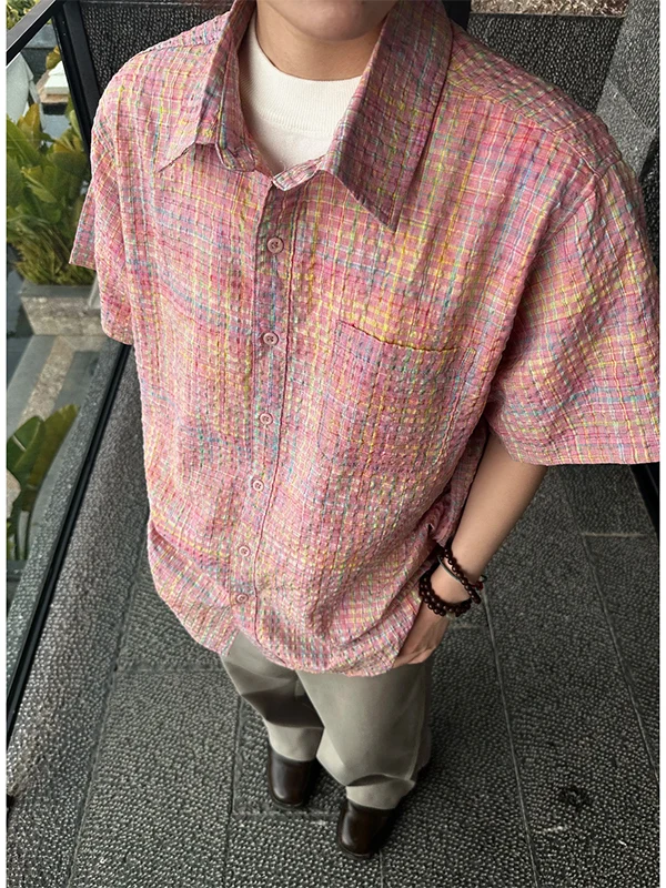 

Pink Dopa Bubble Shirt Short Sleeve Men's Summer Thin Texture American Style Shirt Jacket Loose Fit Moisture Permeable 2025 New