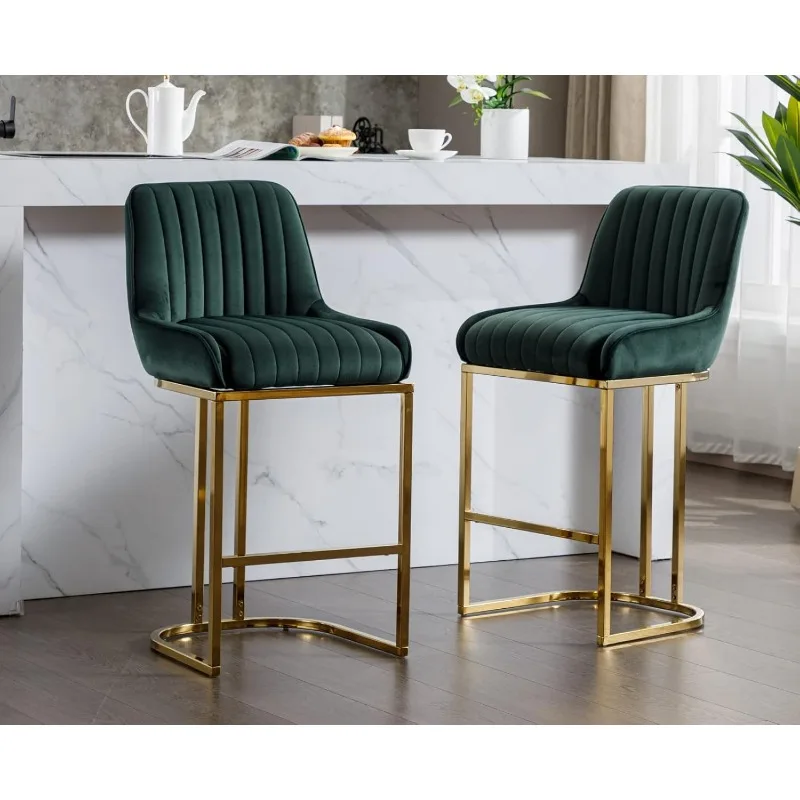 Green Modern Counter Height Bar Stools Set of 2 Comfortable Velvet Upholstered Breakfast Barstools with Back and Gold Base image 5