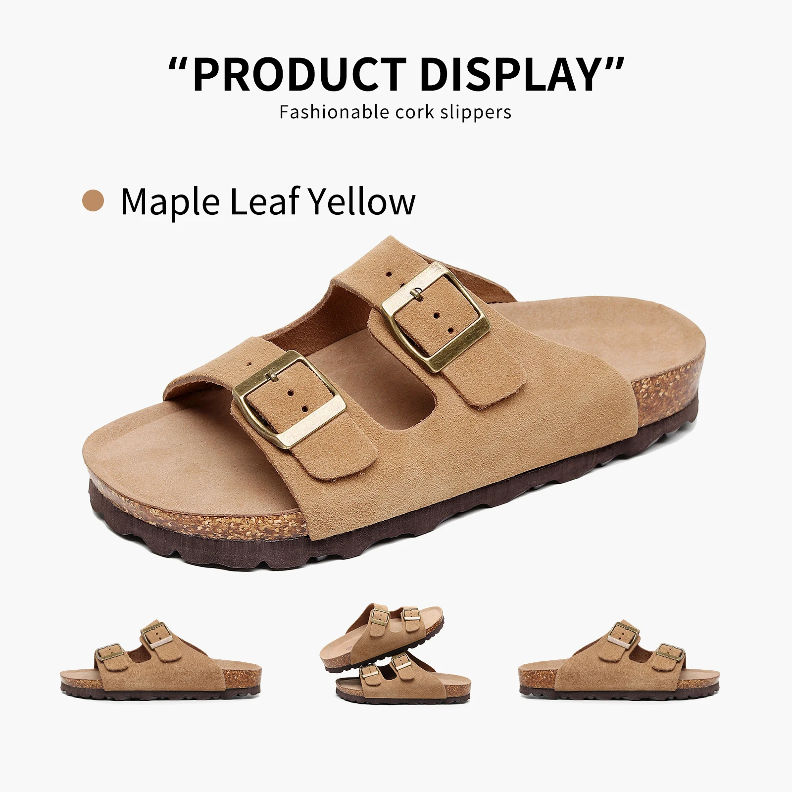 Birken Genuine Leather Women's Flat Slide Sandals - 2 Strap Design, Arch Support, Non-Slip, Cork Footbed, Slip-On Style