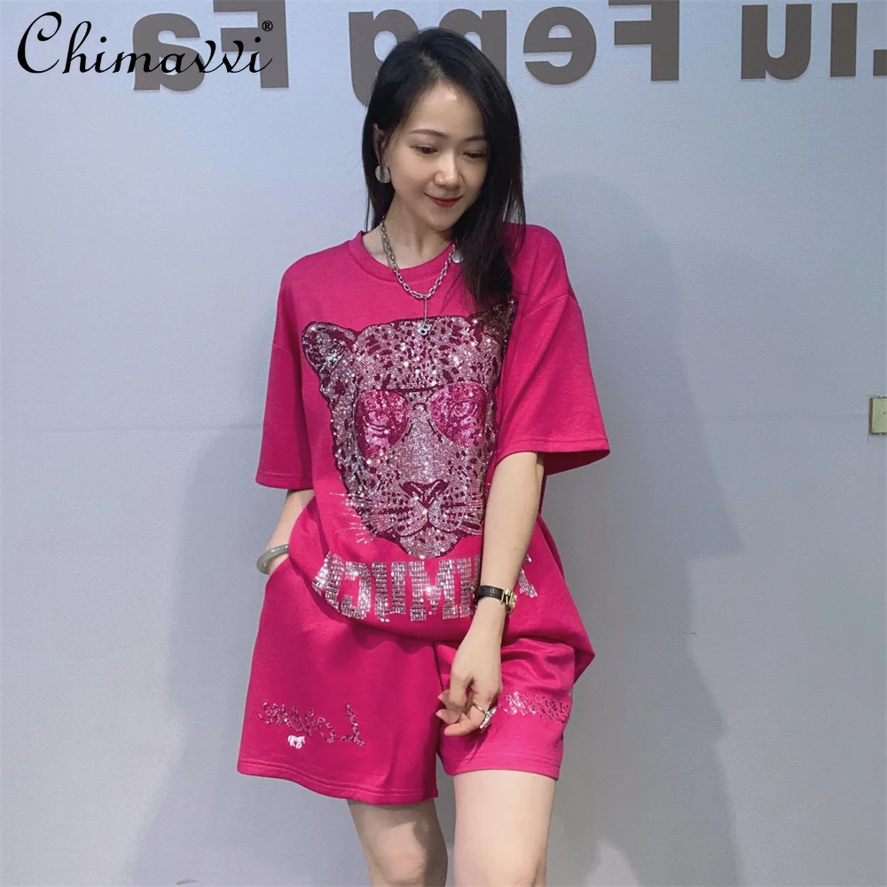 

Oversize Women's Rhinestone Fashion Set 2026 Summer New Short Sleeve T-shirt Shorts Two-piece Casual Outdoor Streetwear