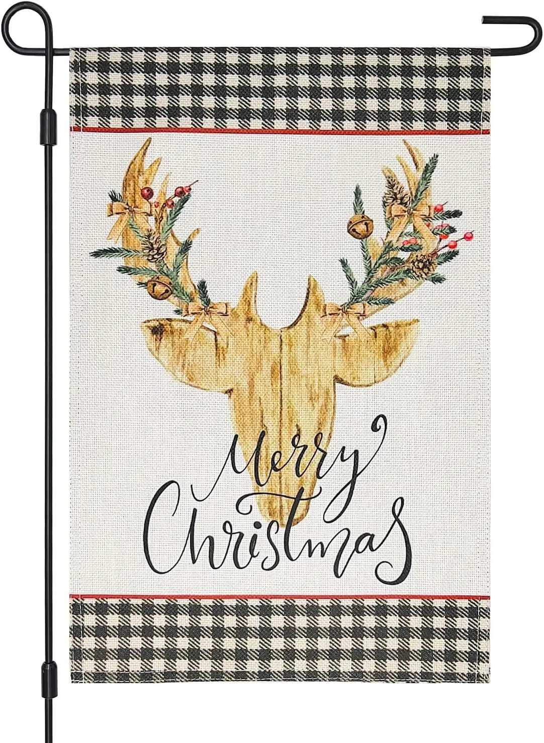 Merry Christmas Reindeer Garden Flag Double Sided 12×18 Inch, Deer Stag Buffalo Plaid Check Christmas Decorations Outdoor, W SSL