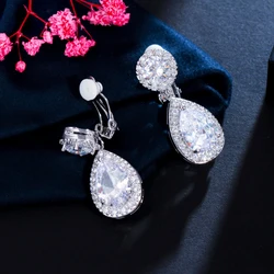 BeaQueen Sparkling Water Drop Full Cubic Zirconia Pave Brides Jewelry Clip on Dangle Earrings for Women Without Piercing E497