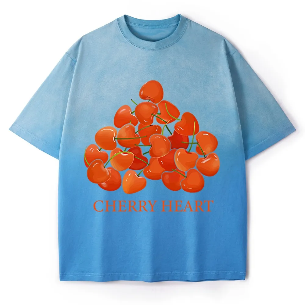 

Fresh Cherry Heart Pattern Printing Womens Gradient Dye T-Shirt Gothic Oversized Tops Casual O-Neck Soft Tees Summer Clothes