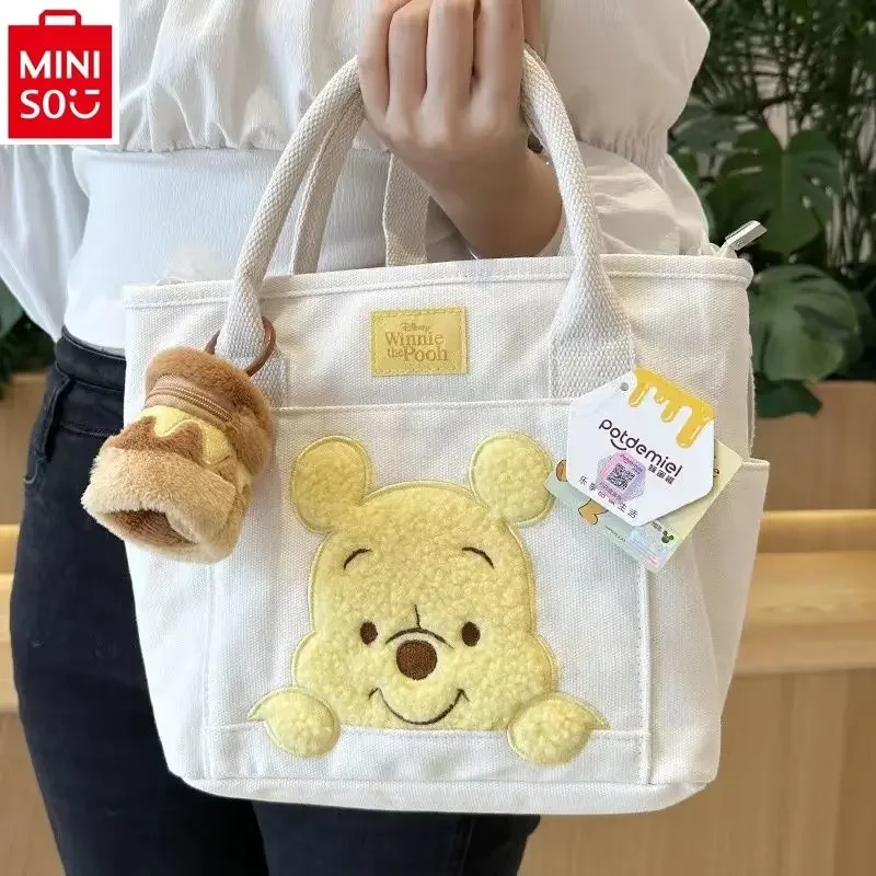 MINISO Disney Cartoon Winnie Bear Canvas Handheld Crossbody Bag Multi functional Fashion Women's Shoulder Bag