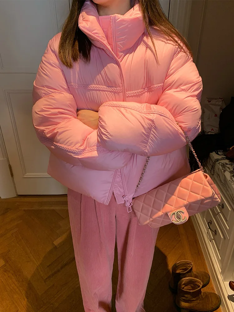 핑크 오르티엔드 웜 스탠드 칼라 여성용 다운 재킷 한국 스타일 출퇴근용 화이트 듀 페더 2024 겨울 시즌