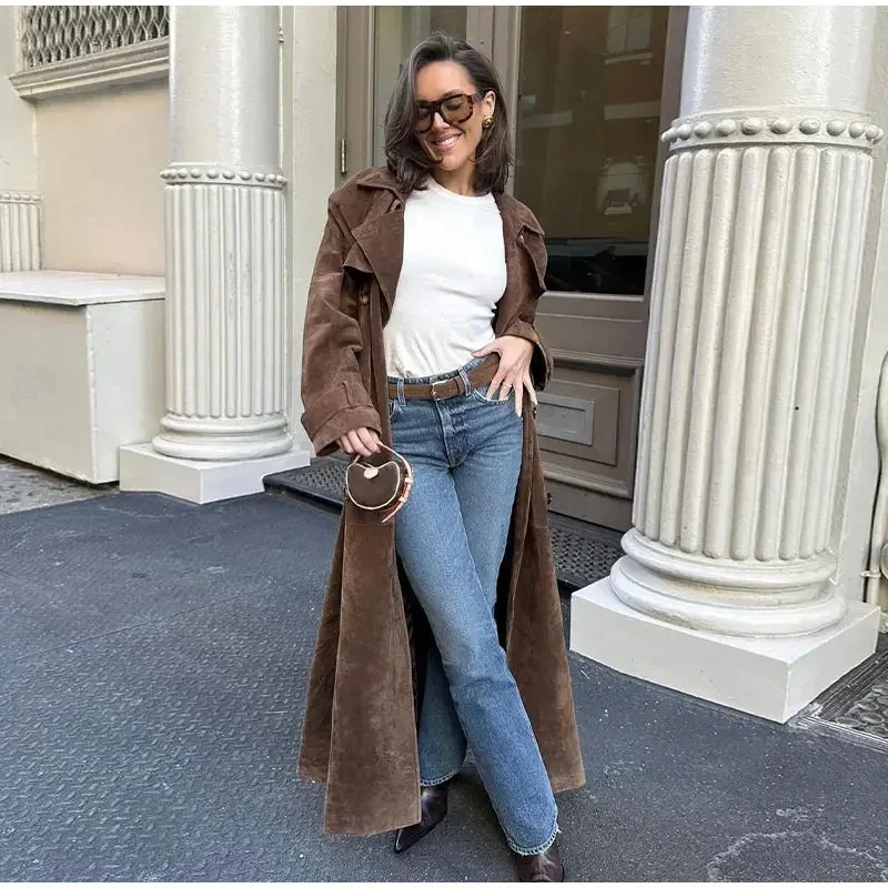 Women's Vintage Suede Long Trench Coat, Double Breasted Belted Soft Suede Leather Long Jacket For Fall Winter Street Style KRKZ