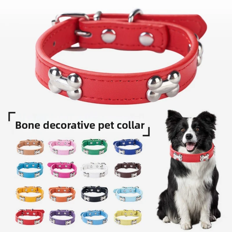 

2026 New Adjustable PU Leather Dog Collar, Reflective Padded Comfortable, Bone Decor Durable Pet Collar for Walking Training