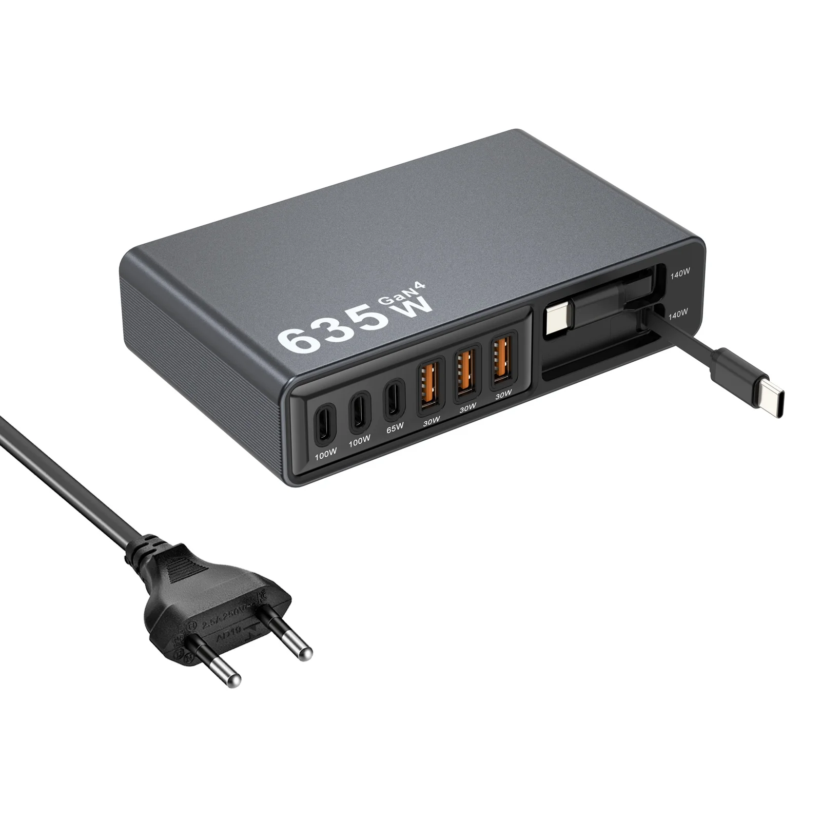 Neue 635W GaN4 Multi-Port-Ladestation Hochleistungs-USB-C-Desktop-Ladegerät mit integrierten Kabeln für Telefone und Gaming-Geräte – Detail 8