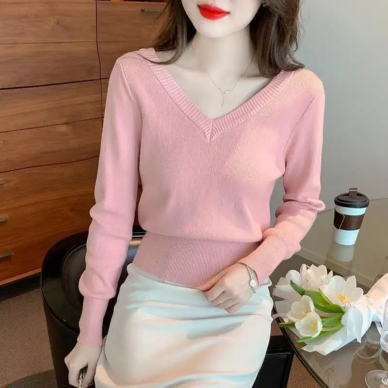 

Женский вязаный свитер персикового цвета с v-образным вырезом, 2022, длинный хлопковый свитер, осень/зима, корейское издание, модный универсальный элегантный топ