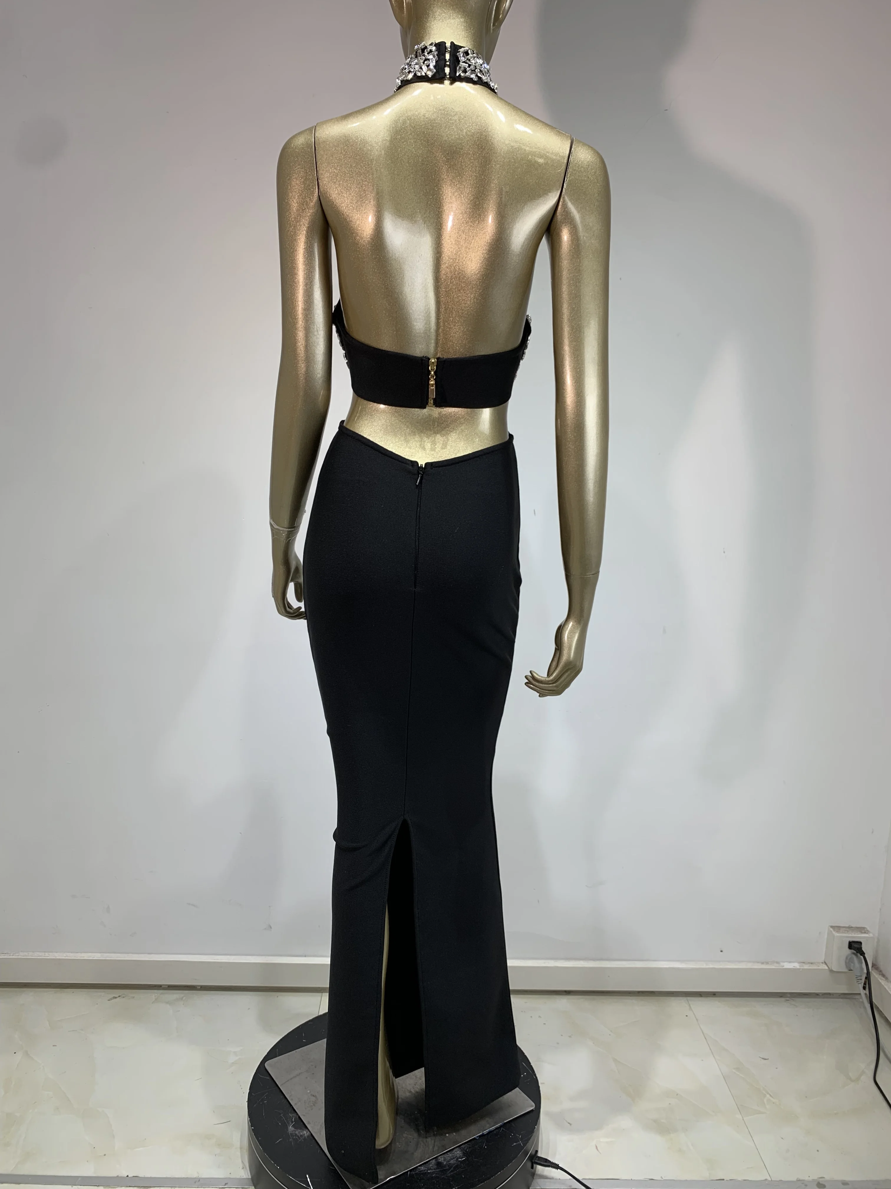 Women Black Halter Crystal Backless Cut Out Long Bandage Dress Birthday Celebrity Evening Club Party One Piece Gala Gowns