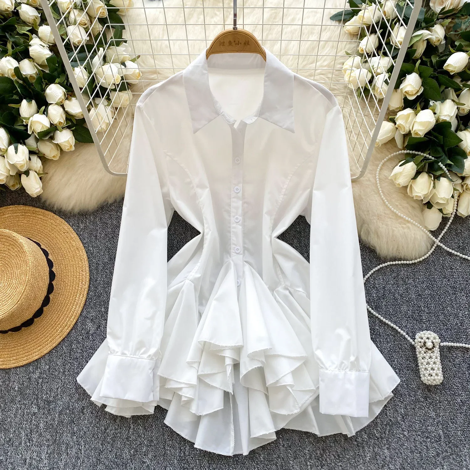 

ALPHALMODA 2026 Spring, High-end, Niche, Chic Shirt, for Women, Korean Style, Irregular Ruffled, Long Shirt