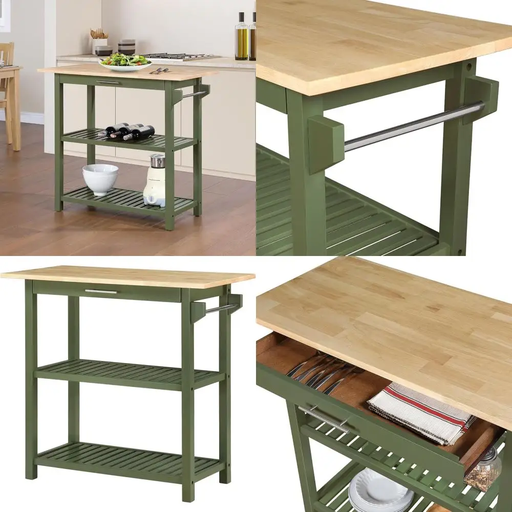 3-Tier Kitchen Prep Island with Drawer and Serving Station, Dark Green Sage, 40 Modern Cooking Cart
