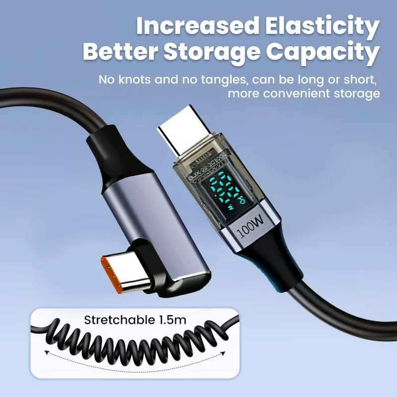 USB C To Type C Elbow Spring Cable 100w LED Digital Display Data Line Retractable Wire for Samsung IPhone Xiaomi Huawei OnePlus