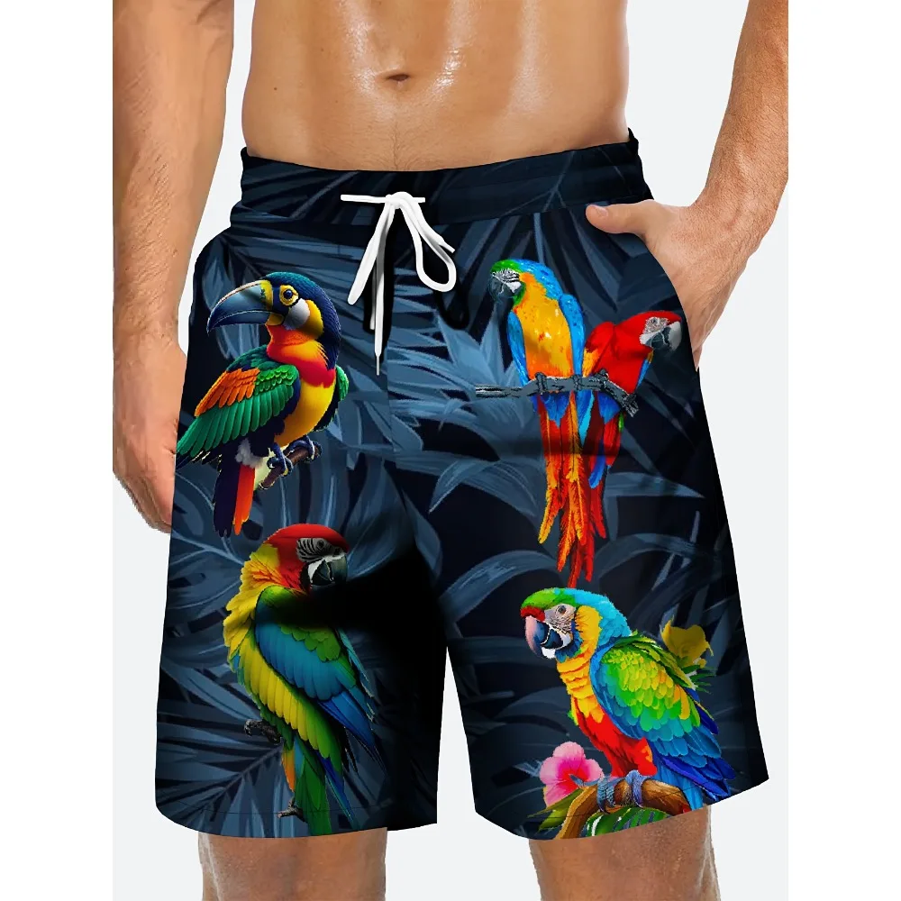 Men Tropical Macaw Parrot Print Swim Trunks Quick Dry Drawstring Elastic Waist Beach Shorts With Pockets Summer Hawaii Board