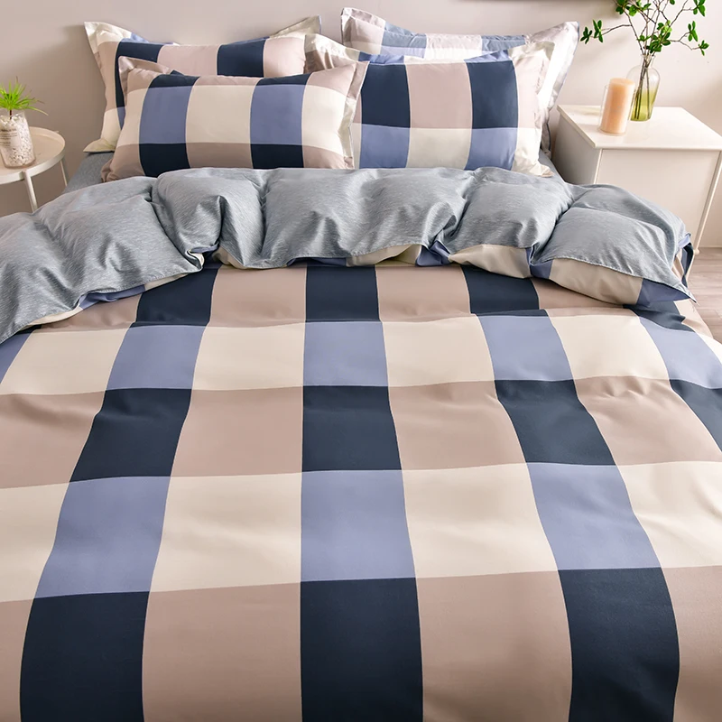 4Pcs Blue Brown Plaid Bedding Set Soft Microfiber Duvet Cover Bed Sheets Pillowcases Large Grid Check Print Home Bedroom Decor