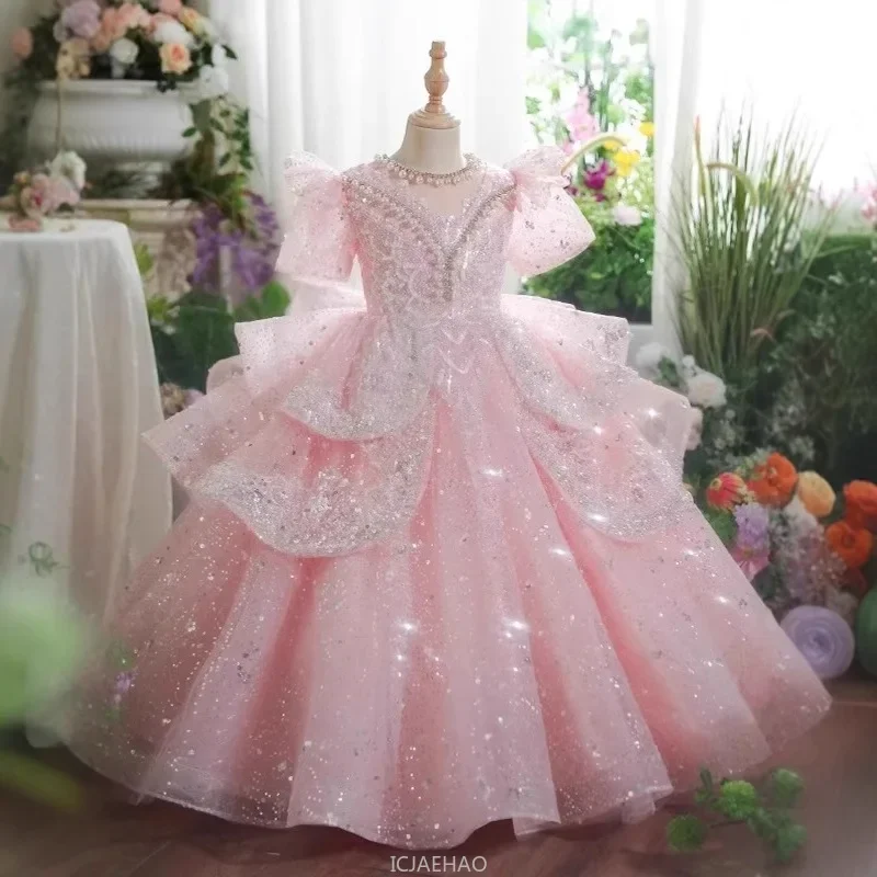Princess Pink Girls Fluffy Dresses Clothes Birthday Party Pageant Gown Kids Elegant Clothes Children Summer Outfit Vestidos