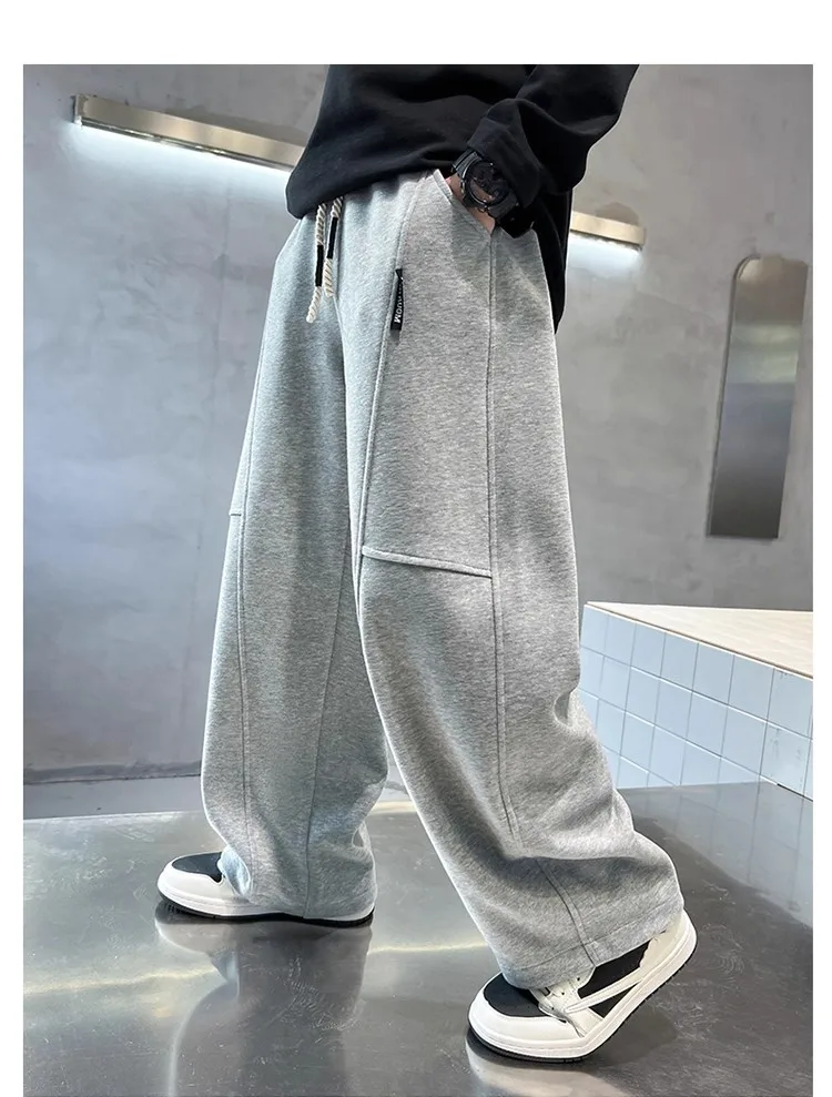 2026 Neue Frühlings-Freizeithose für Kinder, Schwarze Jogginghose mit Elastischem Bund und Geradem Bein für Jungen, Lockere Hose mit Taschen – Detail 9