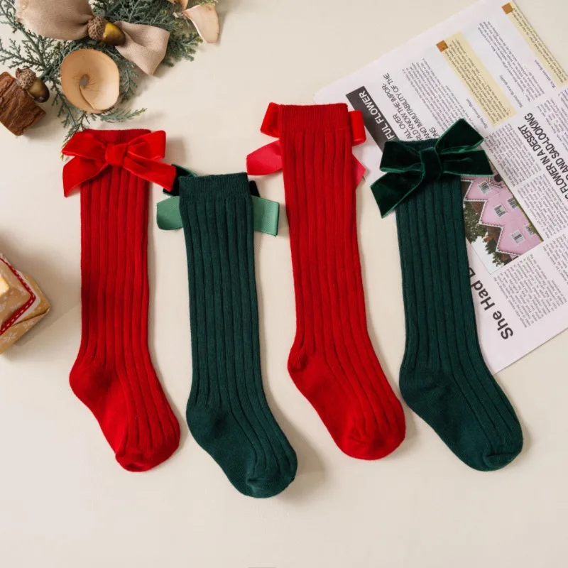 2 Pairs of Socks for Christmas Girls Red Bow Baby Knee Socks Lolita Calcetines Mujer Soft Cotton Breathable Comfortable Socks