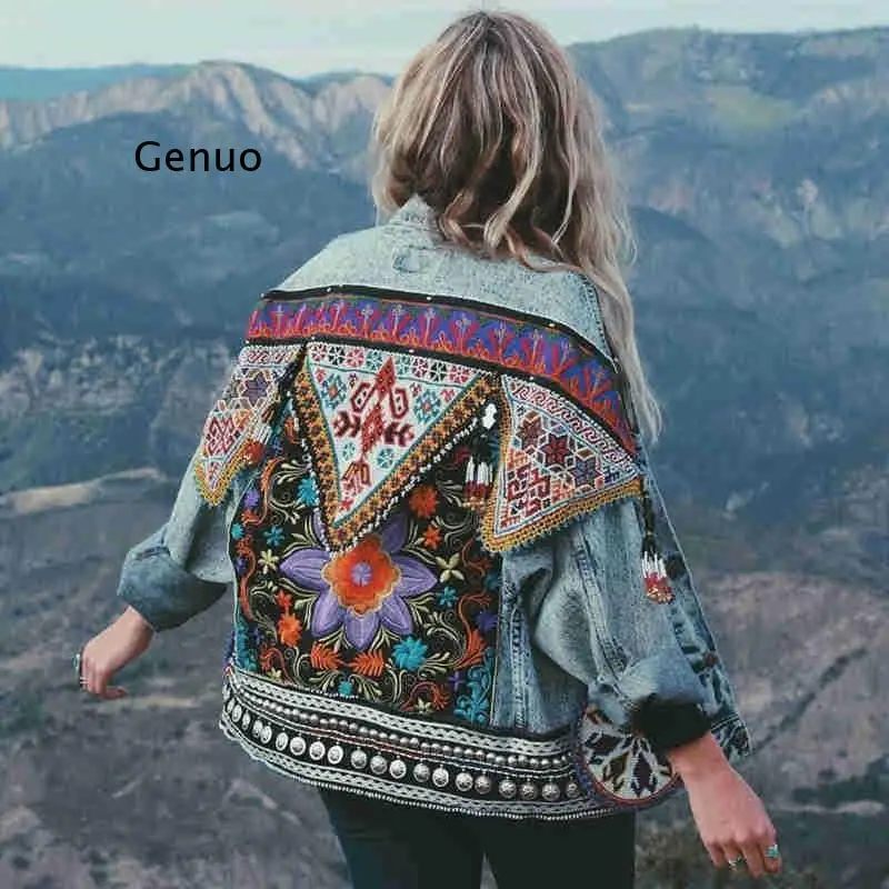 

Jacket Women's Spring Boho Denim for Women Floral Appliques Embroidery Vintage Coat Long Sleeve Outerwear Female Jacket Coatee