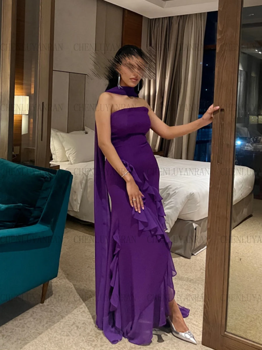 Purple Chiffon Formal Occasion Dresses Strapless Customized Mermaid Party Dress Slit Sexy Long Elegant Evening Gown فساتين حفلات