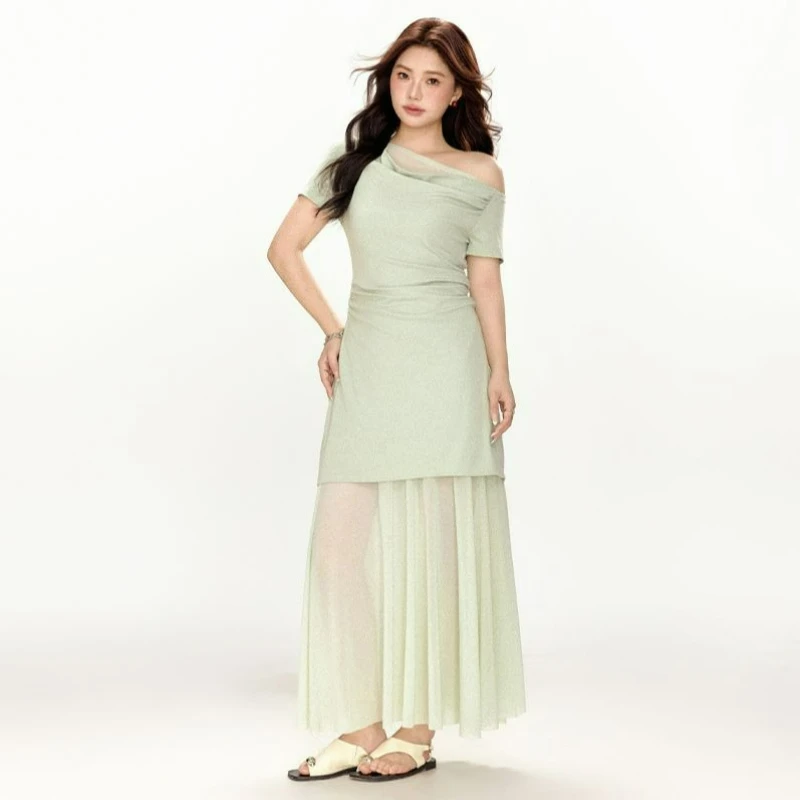 

Large Size Women's Green Spliced Mesh Half Skirt for Women 2026 Summer New Fashionable and Slimming Long Skirt That Covers Flesh