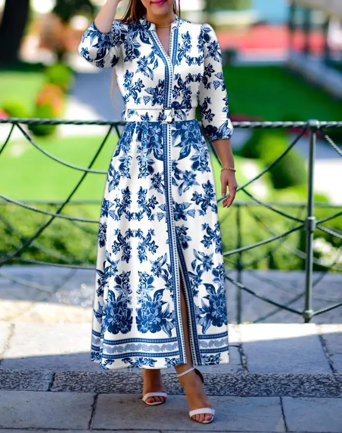 ฤดูร้อนชุดผู้หญิง 2025 Vintageพิมพ์ลายดอกไม้Vคอครึ่งแขนแยกA-Lineเสื้อชุดวันหยุดMidiชุดผู้หญิง