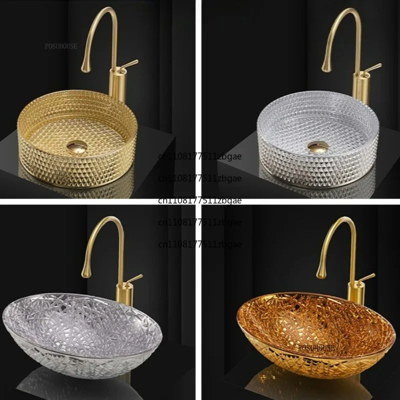 Home Toilet Balcony Cylindrical Crystal Countertop Basin Luxury Bathroom Sinks Electroplating Die-casting Art Glass Wash Basin