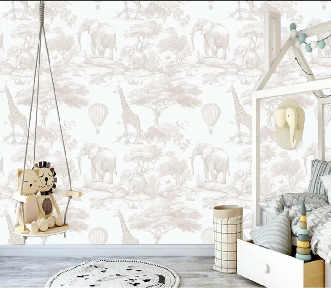 Custom Size 3D Mural Watercolor Cartoon Jungle Animal Elephant Giraffe Flamingo Wall Paper  Kids Baby Room Nursery Home Decor