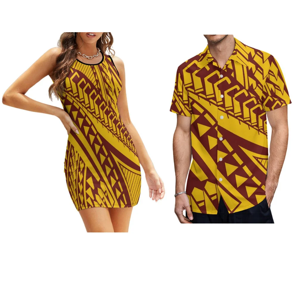 

Seaside Vacation Women Sleeveless Tank Dress Polynesian Sexy Sheath Dress Summer Custom Couple Dress Hawaiian Formal Men'S Shirt