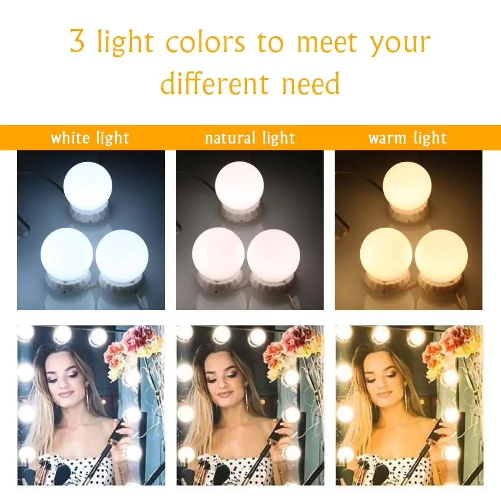 10 Bulb LED Vanity Mirror Lights Kit with USB Power 3 Lighting Modes Dimmable Mirror Light for Makeup Dressing Table Tool