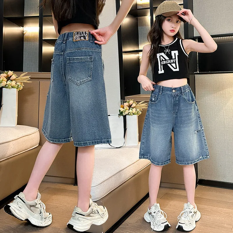 Teens Girls' denim Half Pants 2024 Summer Western-style holed shorts Girls Casual Solid Color Children Knee Length Pants