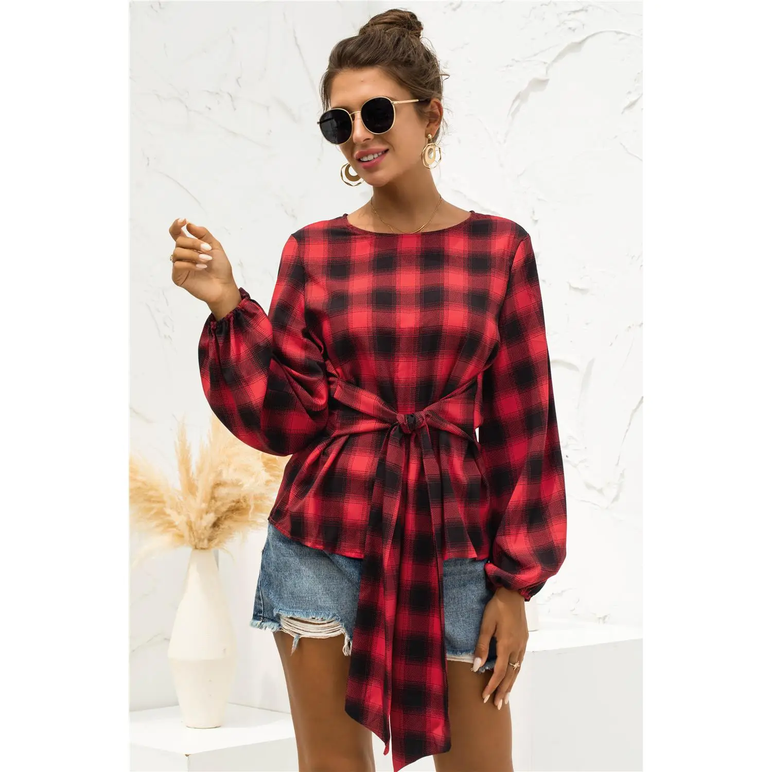 

Женская длинная рубашка в клетку на шнуровке, легкая, зимняя, модная, с ярким принтом, стандартной длины рукавов, полностью с принтованным дизайном