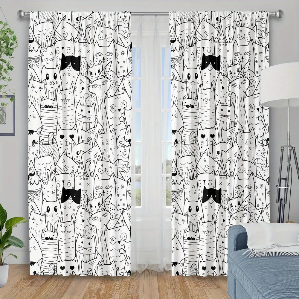 Cartoon Doodle Cat Curtain 2 Panels, Simple Black Line Cute Kitten Hand Drawn White Base Print, Drapes for Bedroom Curtain
