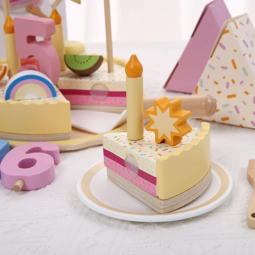 Simulazione per bambini Torta di compleanno in legno Giocattoli Giochi di finzione Taglio Gioco di cibo Gioco di ruolo per bambini Regali giocattolo per ragazzo ragazza