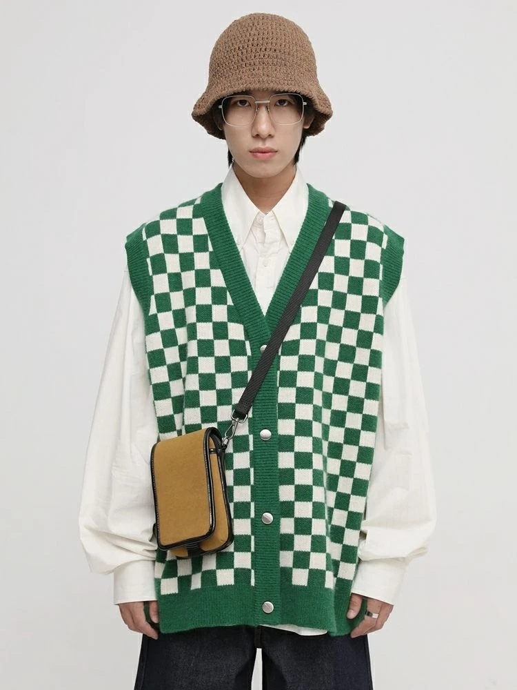 

Мужская мода, уникальный клетчатый свободный вязаный кардиган, жилет, весна-осень, Новое поступление, верхняя одежда