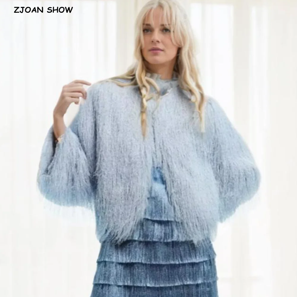 

2025 Autumn Women Light blue Long Hairy Cascade Tassel Fringed Coat O neck Full Sleeve Loose Jacket Short Outerwear