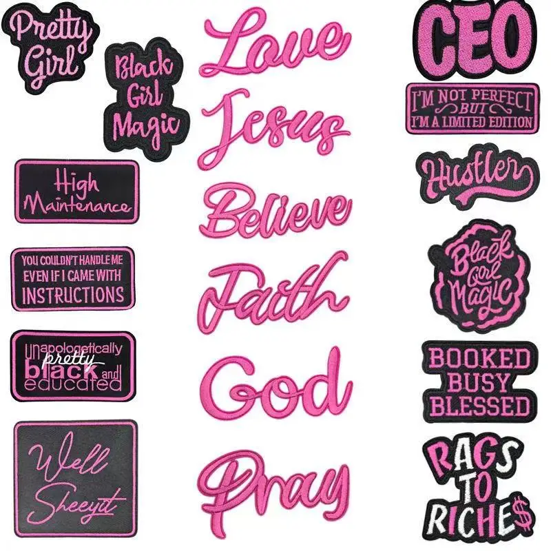 Pink Powerful Woman Iron on Embroidered Patch For Clothing DIY Applique Patches CEO Girl Repair Patch Sew on Patch For Jeans