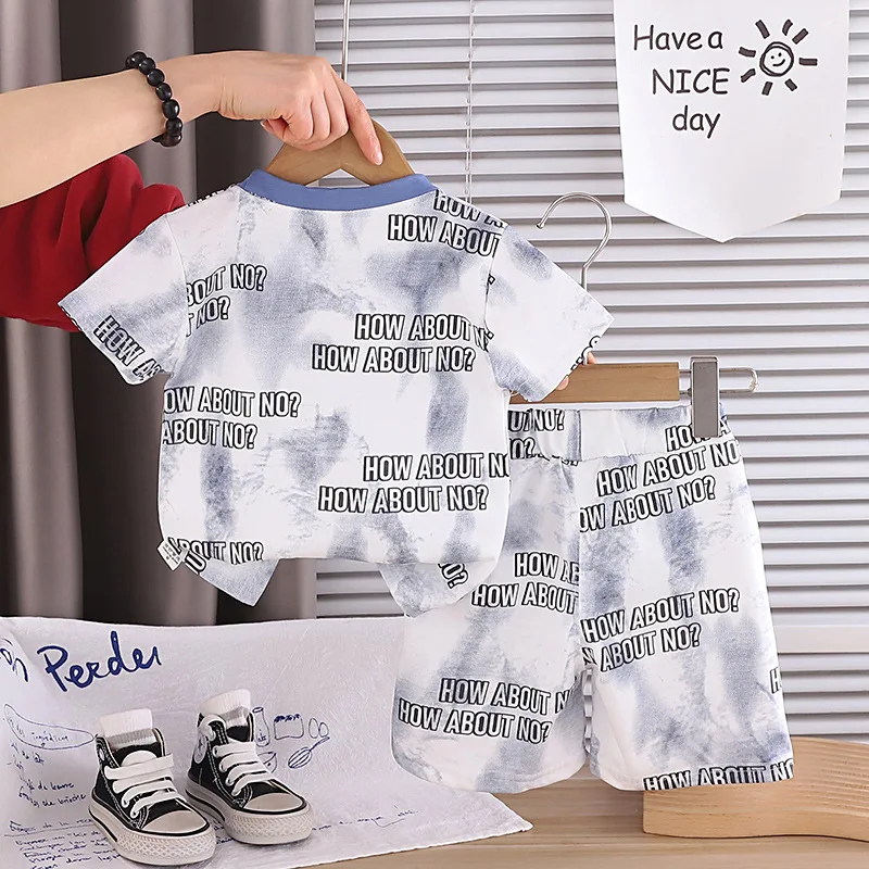 2026 Kids Summer Outfit, Toddler Boys Letter Print Tie-Dye 2PCS Short Sleeve Tee & Casual Shorts for Play, School & Daily Use