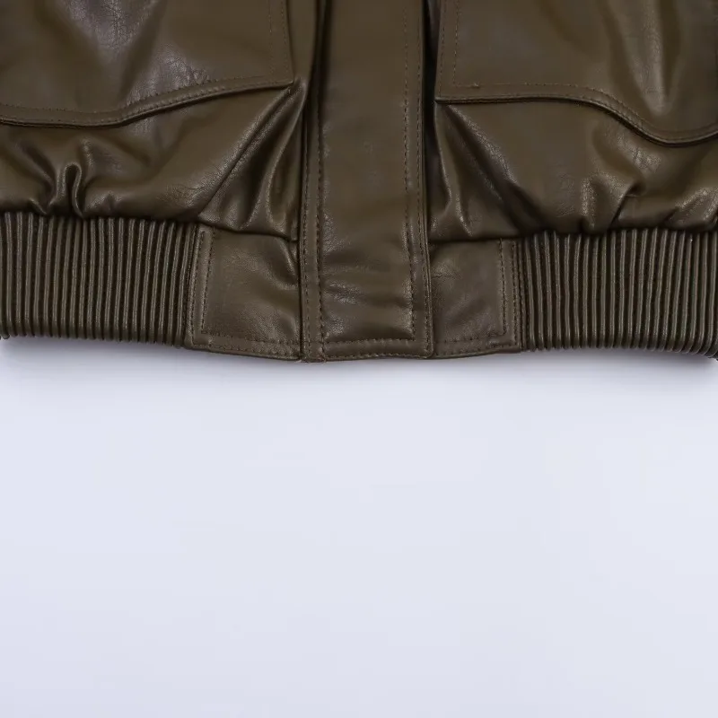 سترة نسائية ZEMOREXMZ خريف جديد أخضر داكن كم طويل سترة قصيرة من الجلد الصناعي نمط راكب الدراجة النارية شخصية عصرية غير رسمية